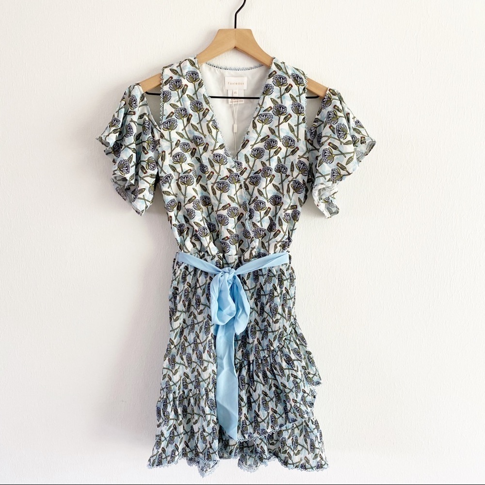 Foxiedox NWT Lexie Blue Floral Cold Shoulder Faux Wrap Tie Waist Mini Dress